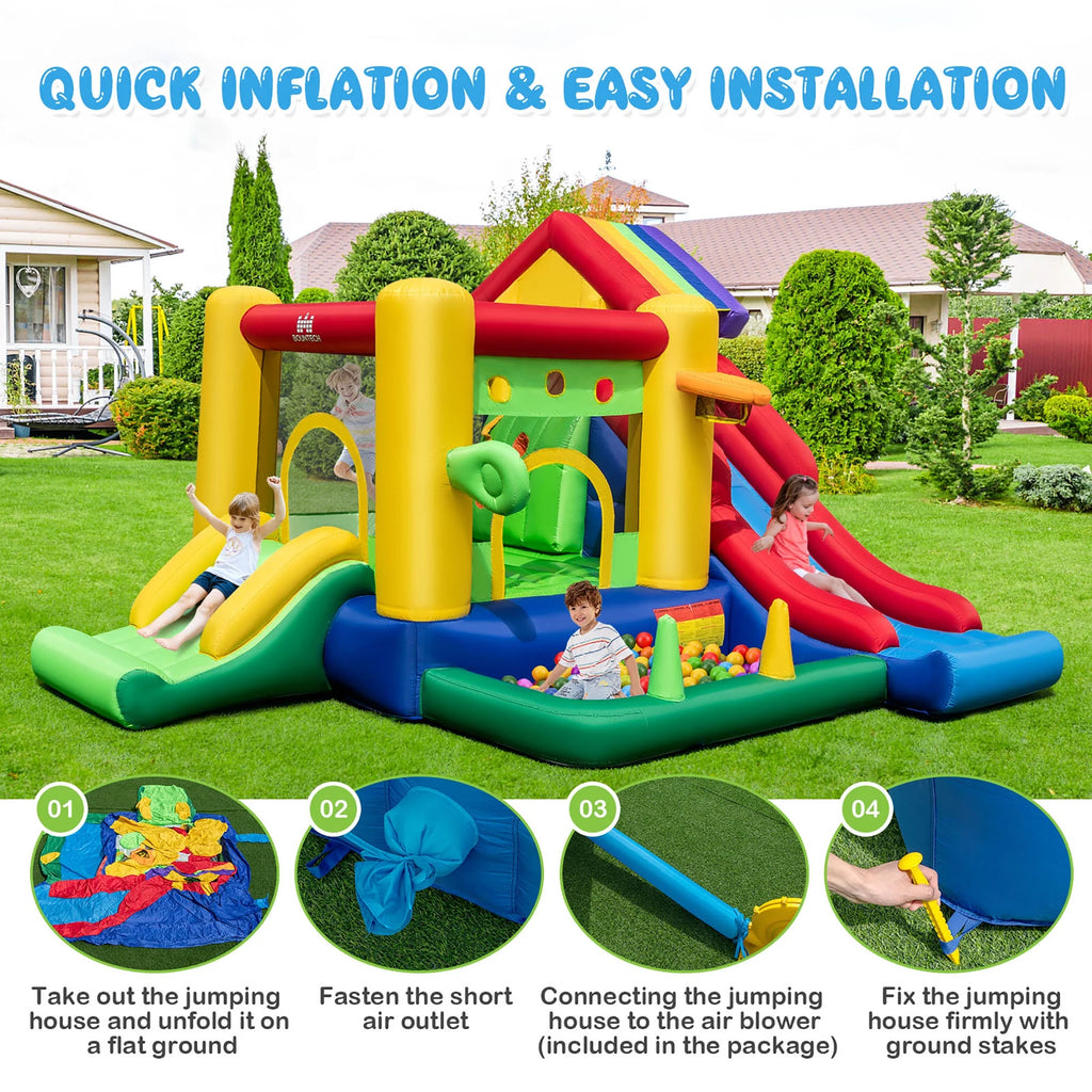 2026 Costway Colorful Rainbow Kids Inflatable Bounce Castle with 50 Ocean Balls & 735W Blower