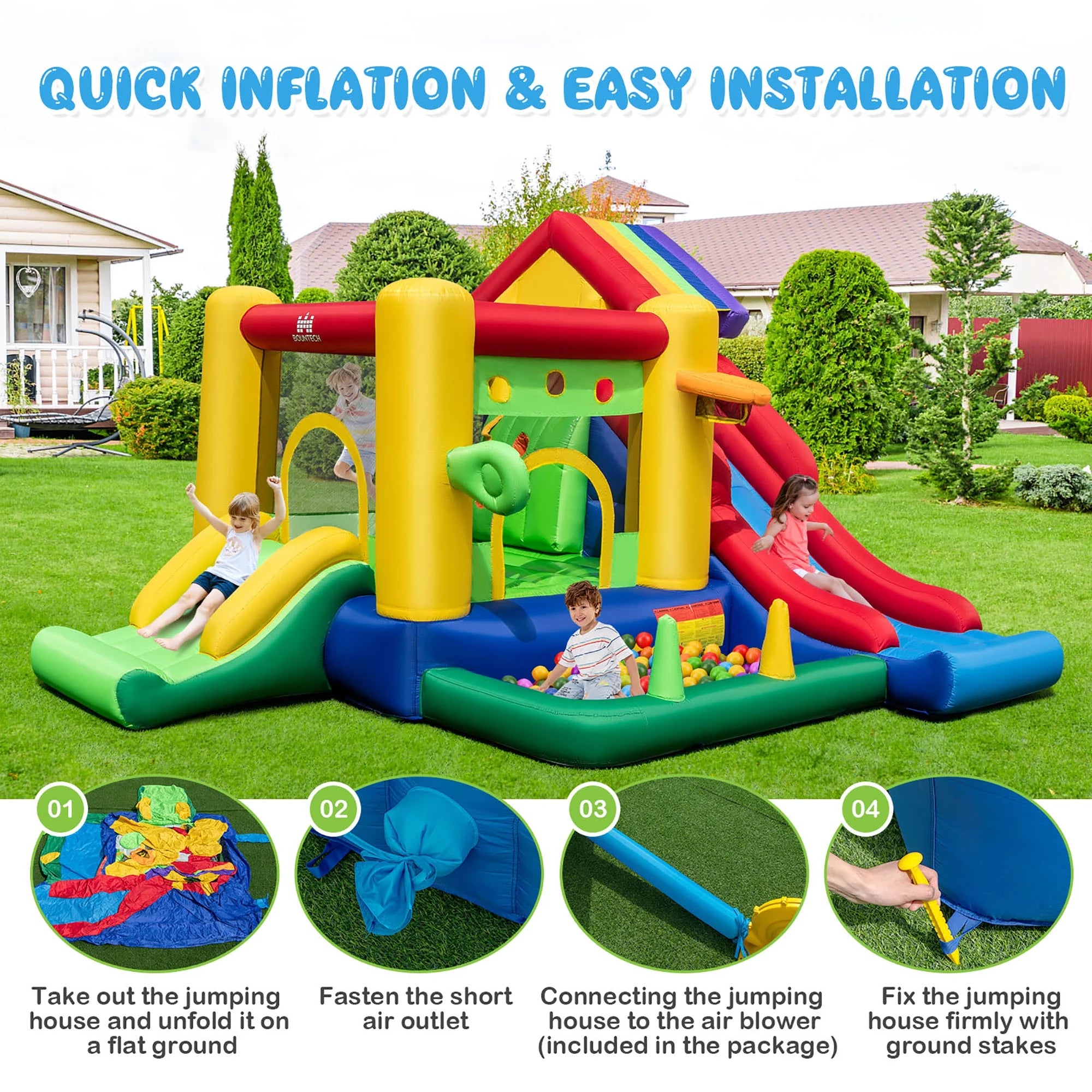 2026 Costway Colorful Rainbow Kids Inflatable Bounce Castle with 50 Ocean Balls & 735W Blower
