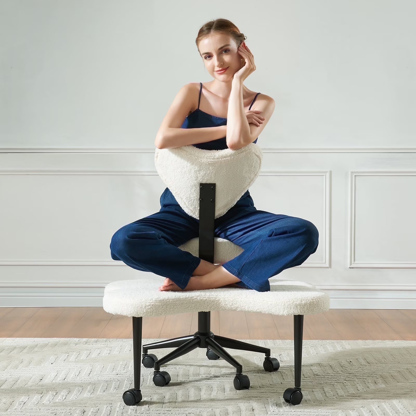 2026 Pinmoco Ergonomic Cross Legged Swivel Chair, Adjustable Height and Teddy Fabric, Meditation& ADHD Chair with Back Support, Home and Office, Off White