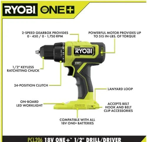 2026 RYOBI ONE+ PCL1600K2 18V Cordless 6-Tool Combo Kit
