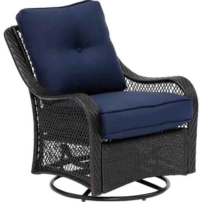 2026 2025 5-piece steel patio fire pit seating set with navy blue cushions, swivel gliders and square fire pit table