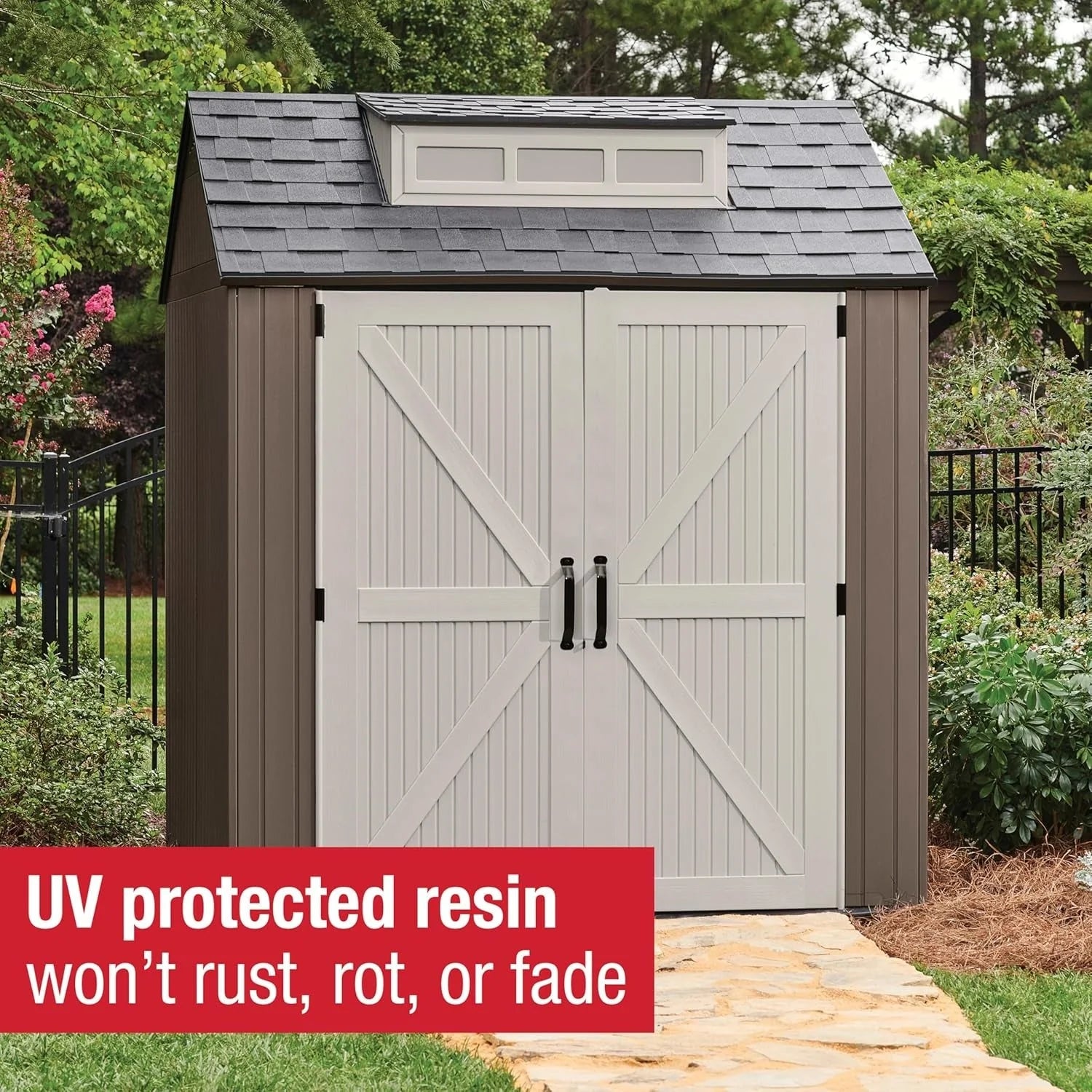 2026 Rubbermaid resin garden shed with floor (2.13 x 2.13 m), weatherproof, grey, for storing garden tools, lawnmowers, bicycles and pool accessories