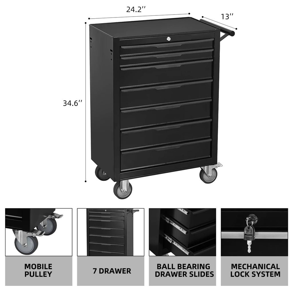 2026 7-Drawer Rolling Tool Chest Cabinet, Large Capacity Metal Tool Box with Wheels and Cylinder Locking, Roll Around Storage Organizer Tool Cart for Garage, Warehouse, Work Shop - Black
