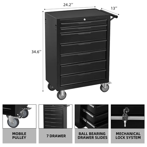 2026 7-Drawer Rolling Tool Chest Cabinet, Large Capacity Metal Tool Box with Wheels and Cylinder Locking, Roll Around Storage Organizer Tool Cart for Garage, Warehouse, Work Shop - Black
