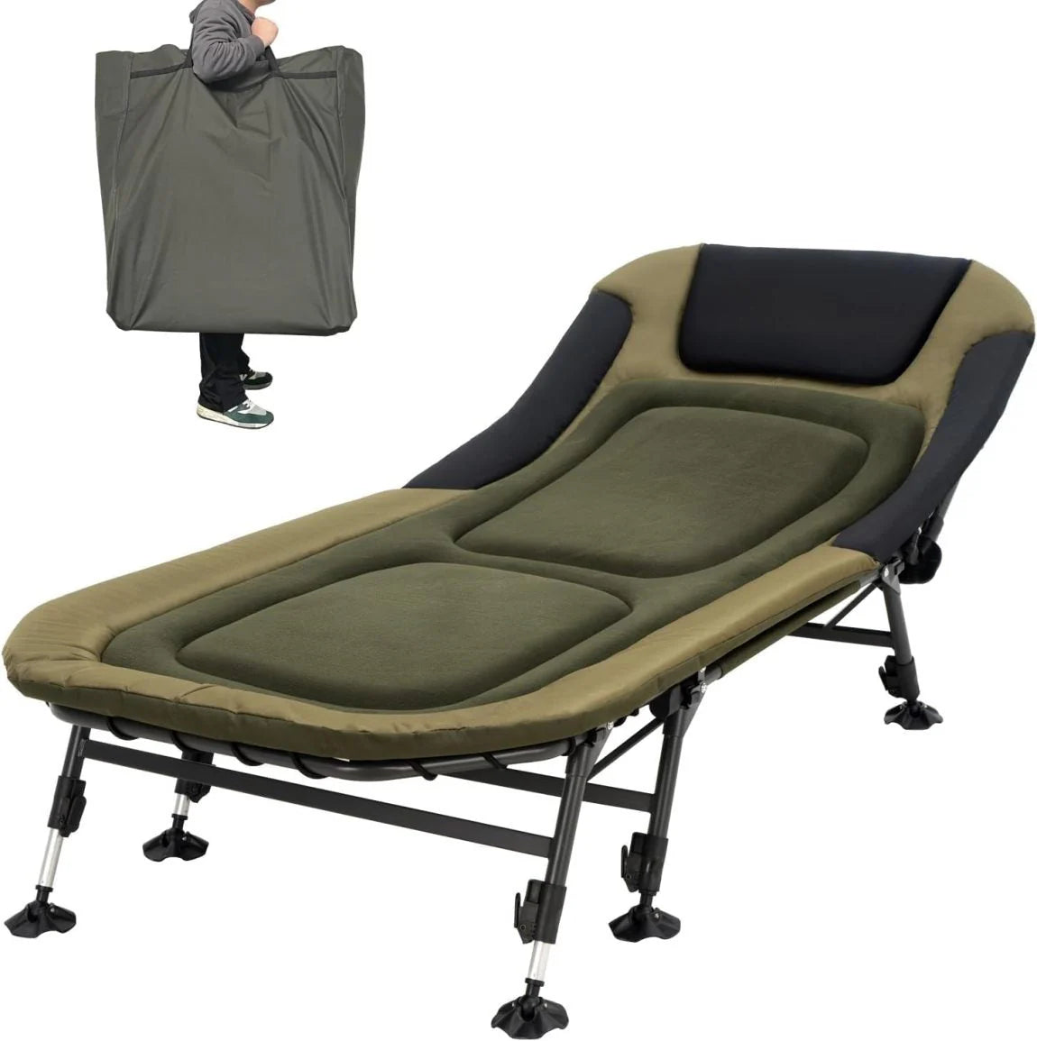 2026 Camping Cots for Adults 330Lbs with Carry Bag, Heavy Duty Folding Bed with Soft Padded Cushion, Portable Military Cot for Hunting, 180° Adjustable Reclining Outdoor Lounger