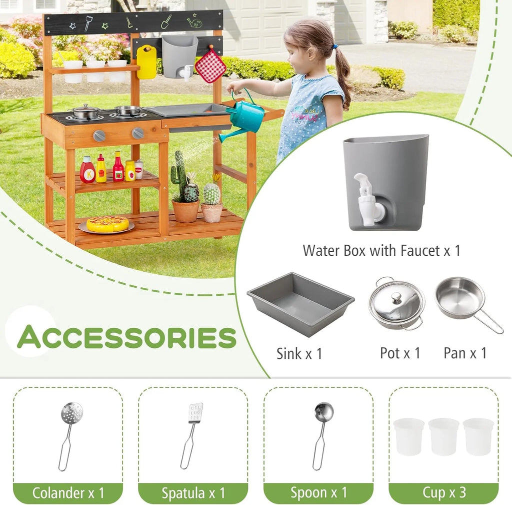 2026 OLAKIDS Mud Kitchen, Outdoor Play Kitchen with Wheels 3 Cups Removable Sink Cooking Accessories Wooden Kids Kitchen Playset Backyard Garden Toys Gift for Boys Girls Ages 3+
