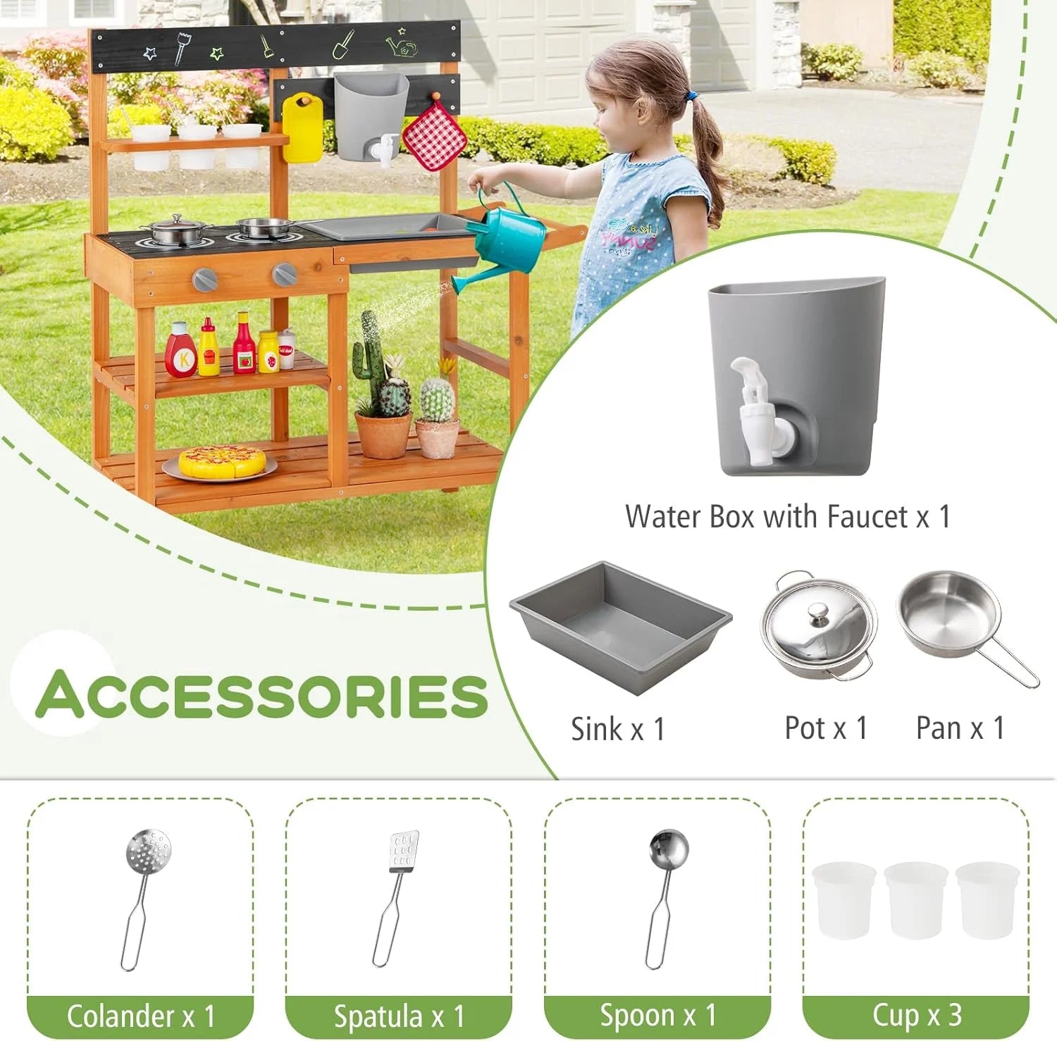 2026 OLAKIDS Mud Kitchen, Outdoor Play Kitchen with Wheels 3 Cups Removable Sink Cooking Accessories Wooden Kids Kitchen Playset Backyard Garden Toys Gift for Boys Girls Ages 3+