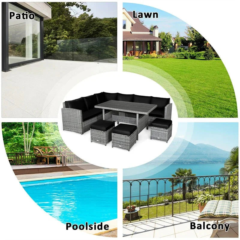 2026 7 Pcs Rattan Patio Dining Furniture Sectional Sofa Set with Dining Table, Ottomans & Cushions
