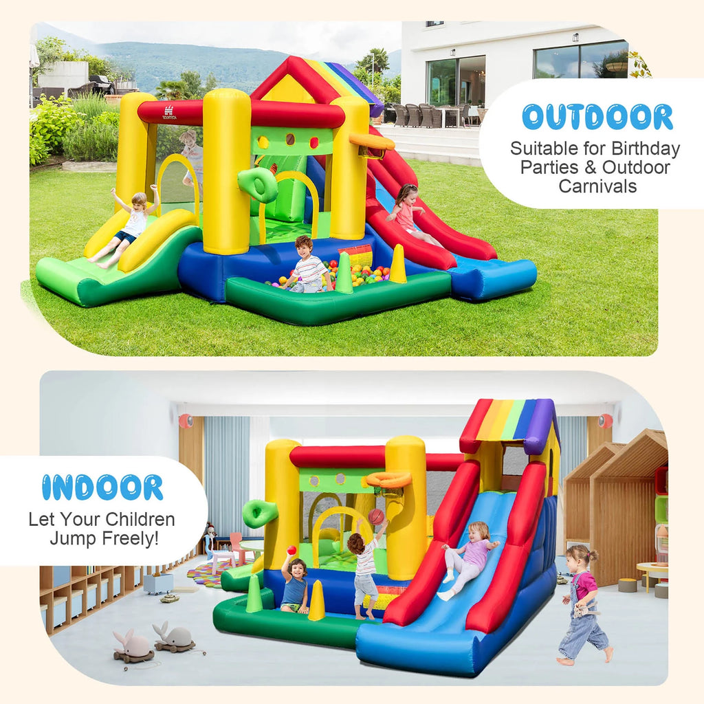 2026 Costway Colorful Rainbow Kids Inflatable Bounce Castle with 50 Ocean Balls & 735W Blower