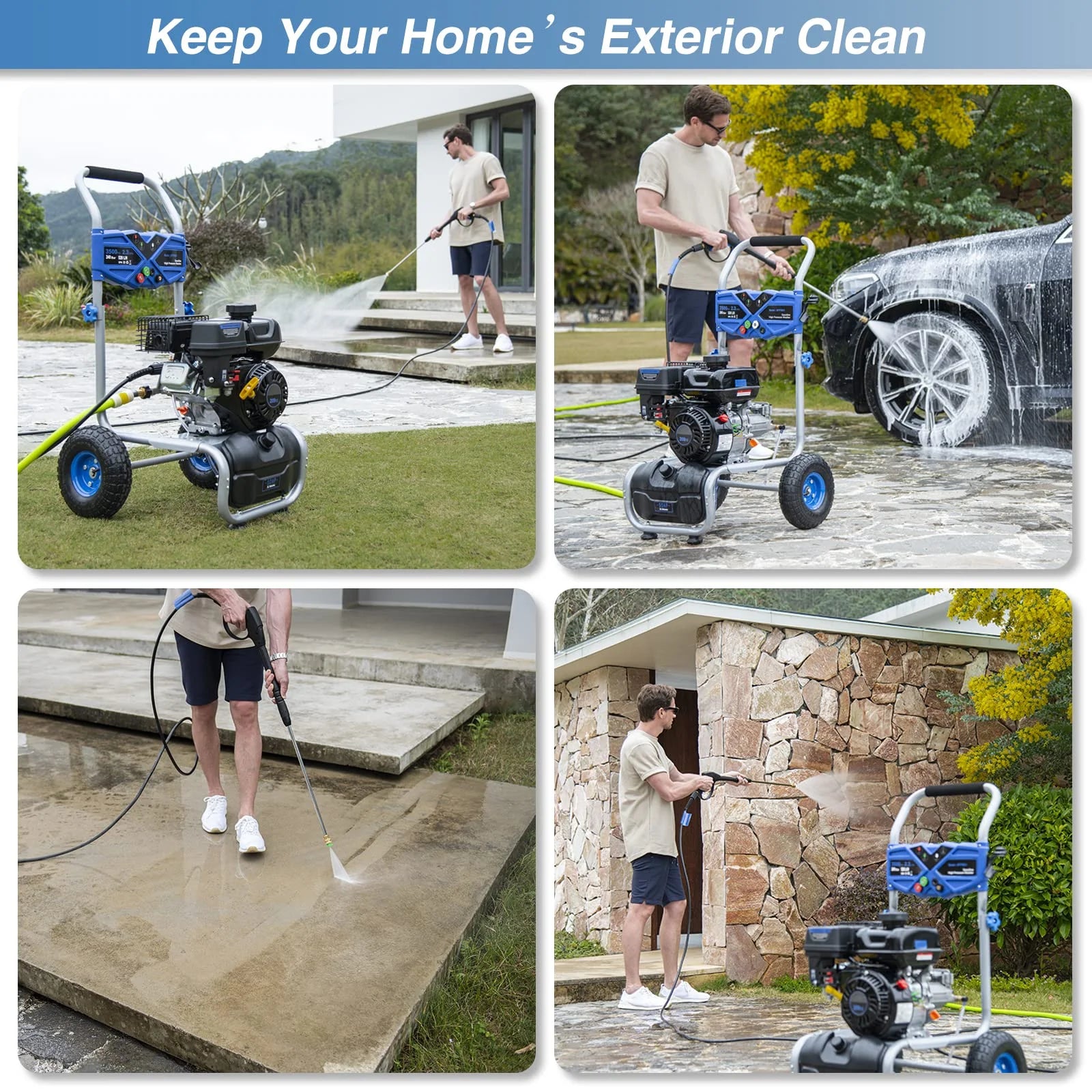 2026 Efurden 3500PSI Gas Pressure Washer, 2.3GPM Gas Powered High Pressure Clean Machine with 209CC Engine, 4 Adjustable Nozzles for Cleaning Walls, Terraces, Vehicles, Gardens (Blue)