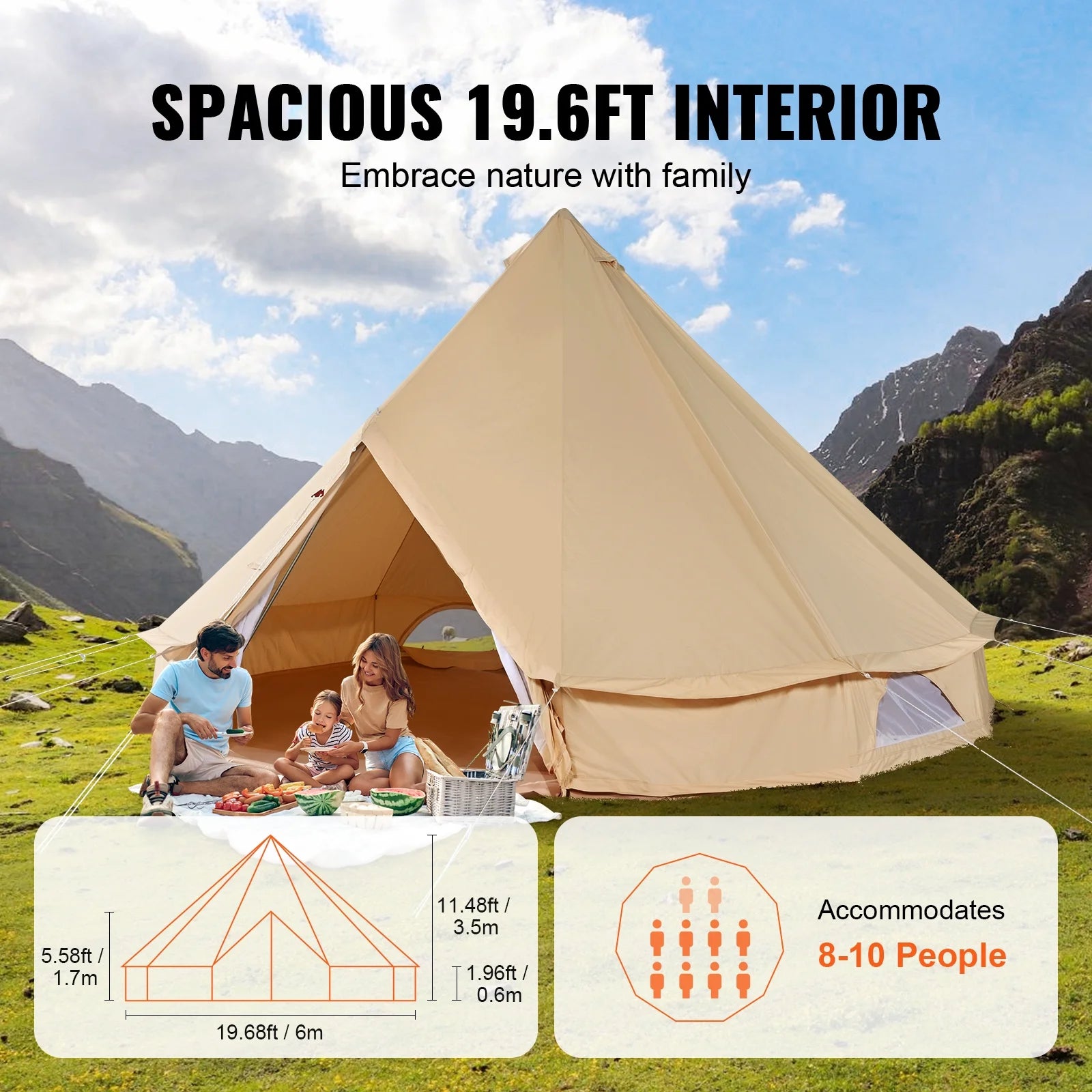 2026 KFFKFF Canvas Bell Tent 6m/19.68ft 4-Season Camping Yurt Tent with Stove Jack