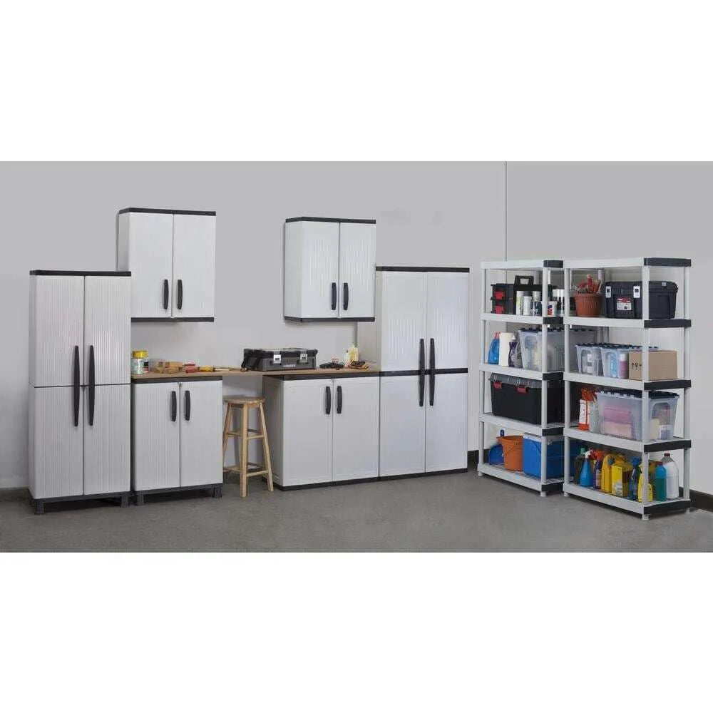 2026 Freestanding garage cabinet made of grey plastic, model 2025, 89 cm W x 180 cm H x 46 cm D, with adjustable shelves and lockable doors.