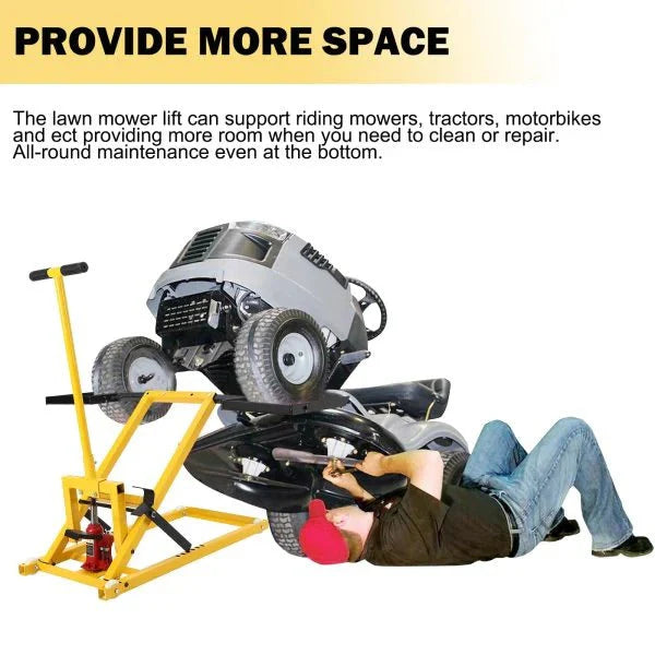 2026 Lawn mower lift with hydraulic jack, 66 cm (26 inch) lifting height, welded steel construction, lifting capacity 227 kg (500 lbs), for ride-on lawn mowers, tractors and ATVs