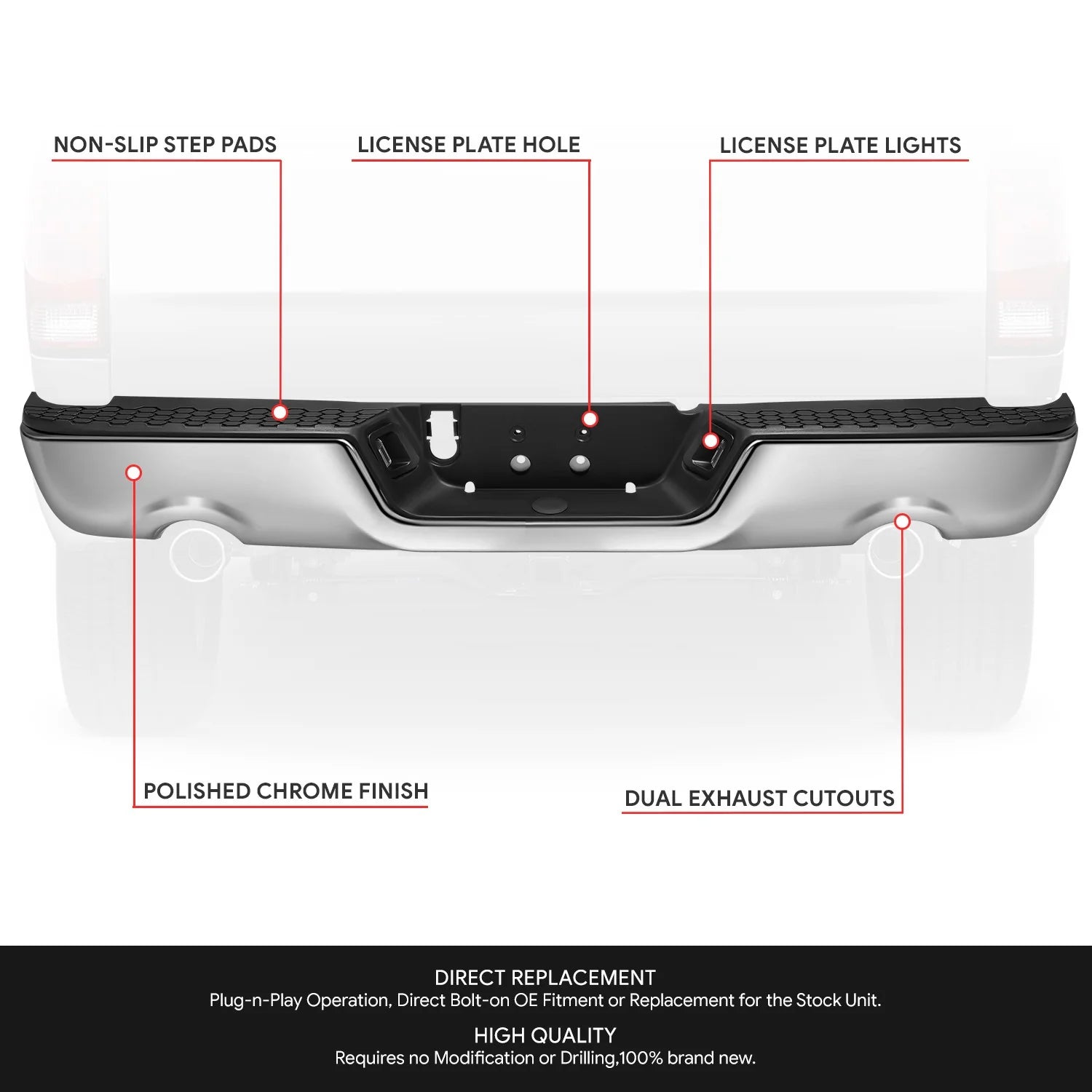 Modular Style Rear Step Bumper w/Dual Exhaust & License Plate Lights  09-19 Dodge Ram 1500 2500 3500