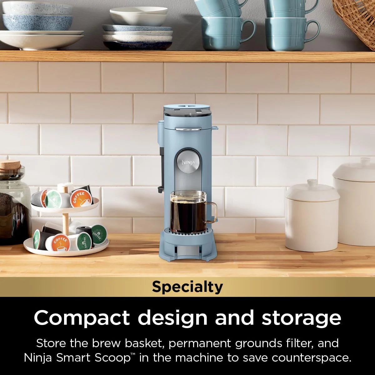 2026 Ninja Pods & Grounds Single-Serve Coffee Maker, K-Cup Pod Compatible, Brews Grounds, Compact Design, 56-oz. Reservoir, 6-oz. Cup to 24-oz. Travel Mug Brew Sizes, Iced Coffee Maker, Stone, PB041ST