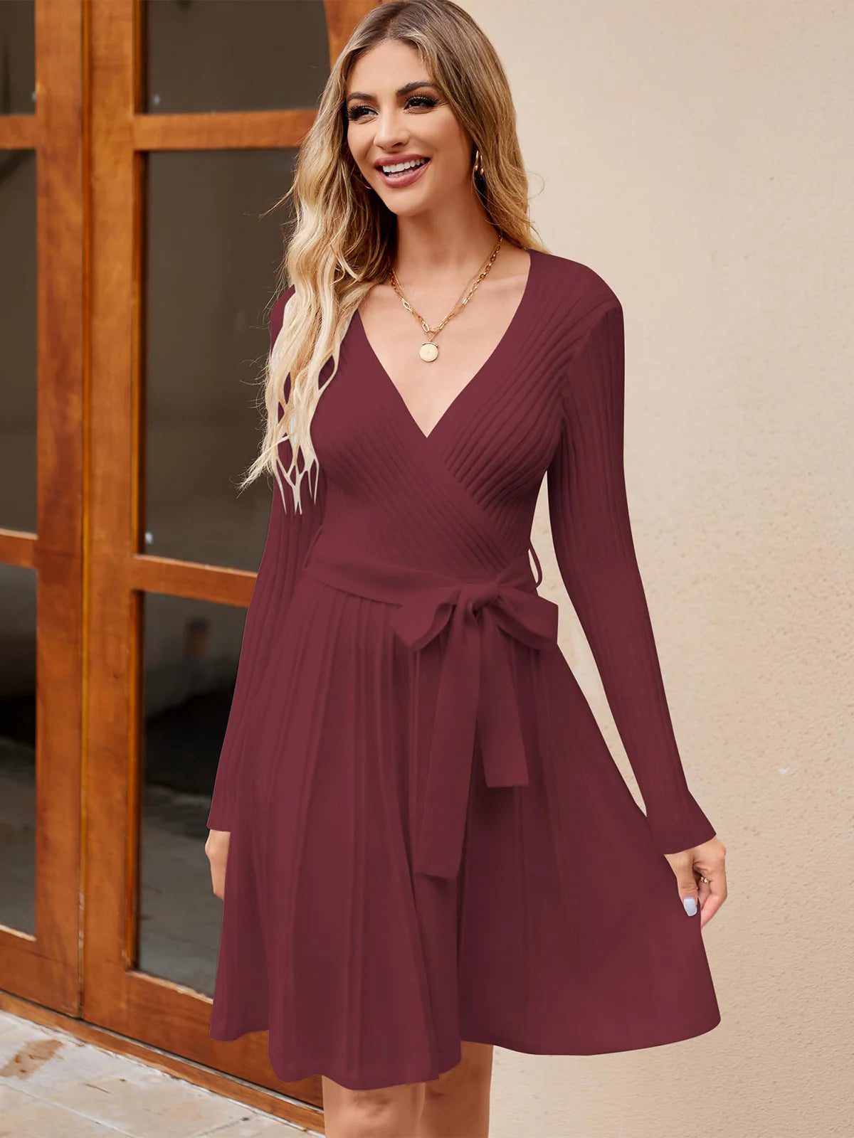 2026 Wrap V-Neck Knit Dress