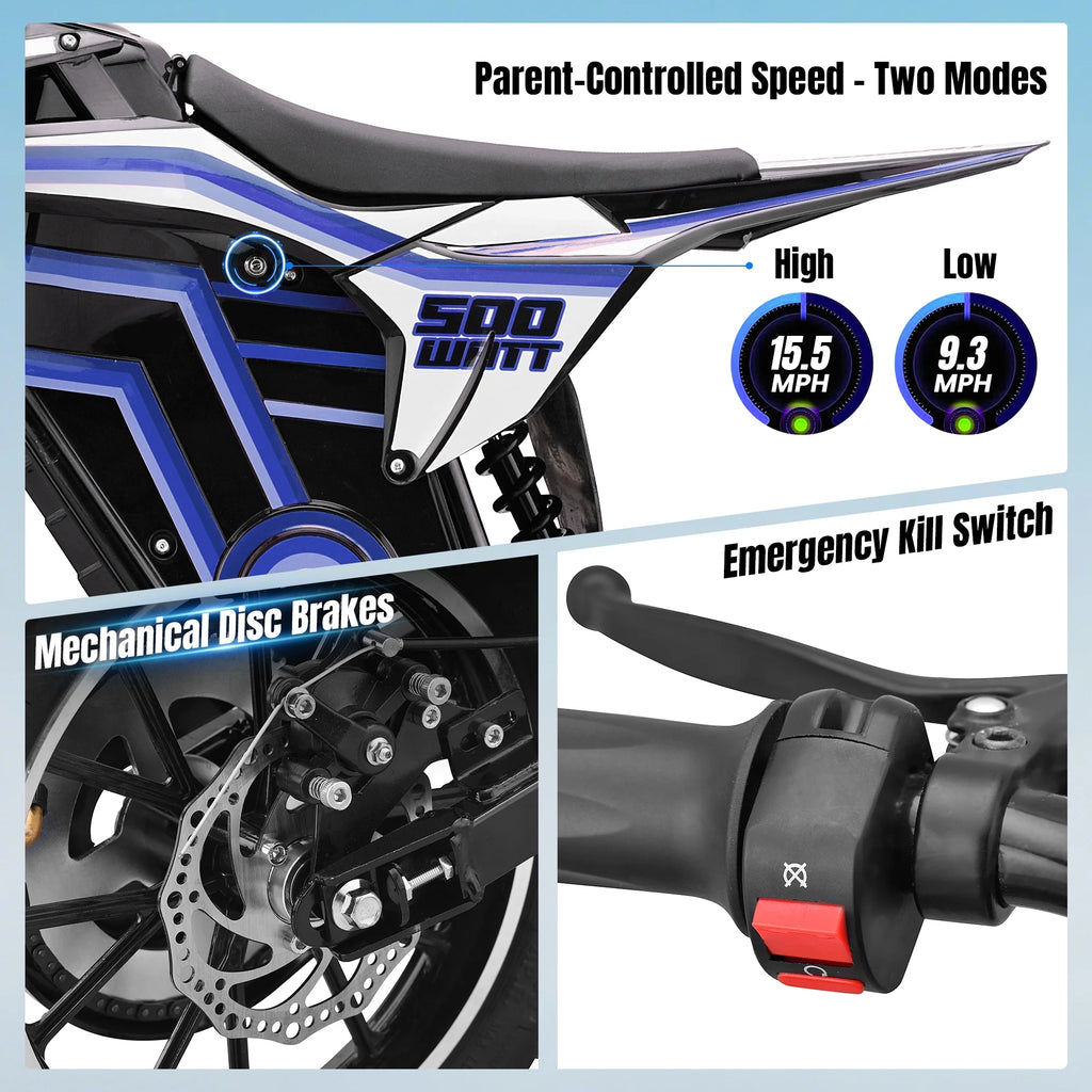 2026 QEASET electric dirt bike, 500W kids dirt bike for Boys Girls Age 8-14, Blue