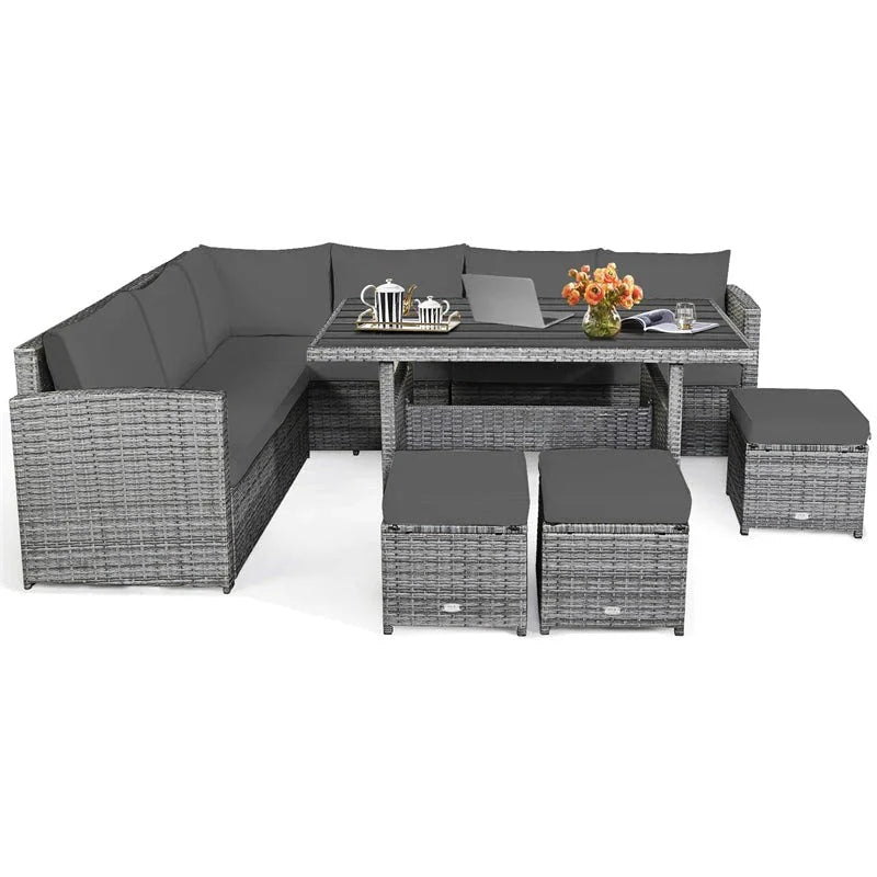 2026 7 Pcs Rattan Patio Dining Furniture Sectional Sofa Set with Dining Table, Ottomans & Cushions