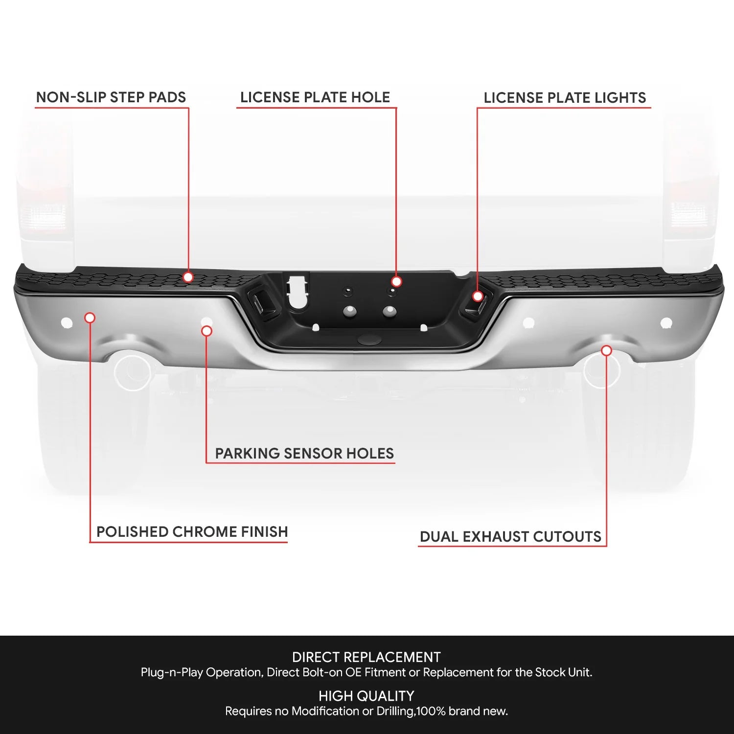 Modular Style Rear Step Bumper w/Dual Exhaust+Sensor Holes  09-19 Dodge Ram 1500 2500 3500