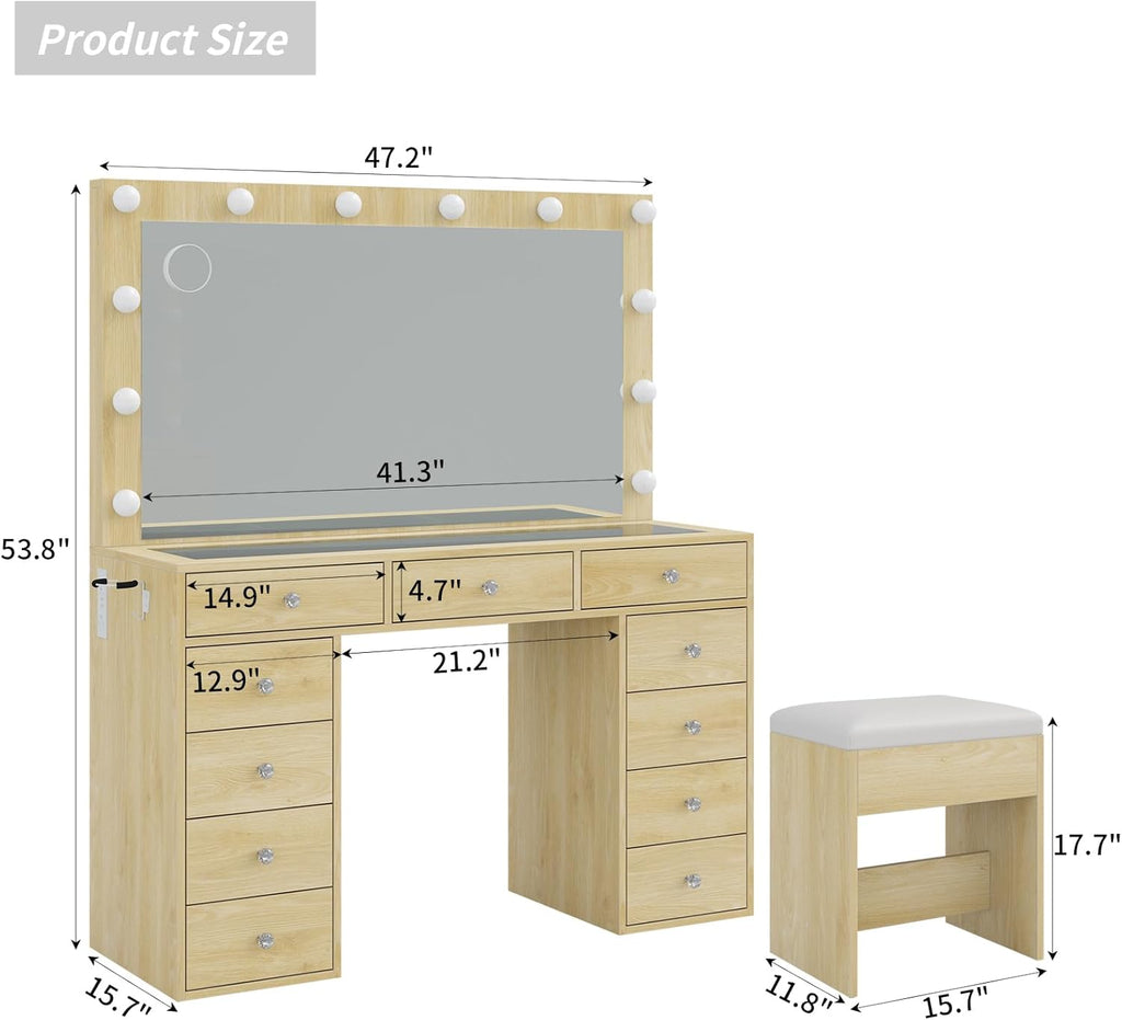 2026 New YANOSAKU Vanity Desk with Mirror, LED Lights & 11 Drawers