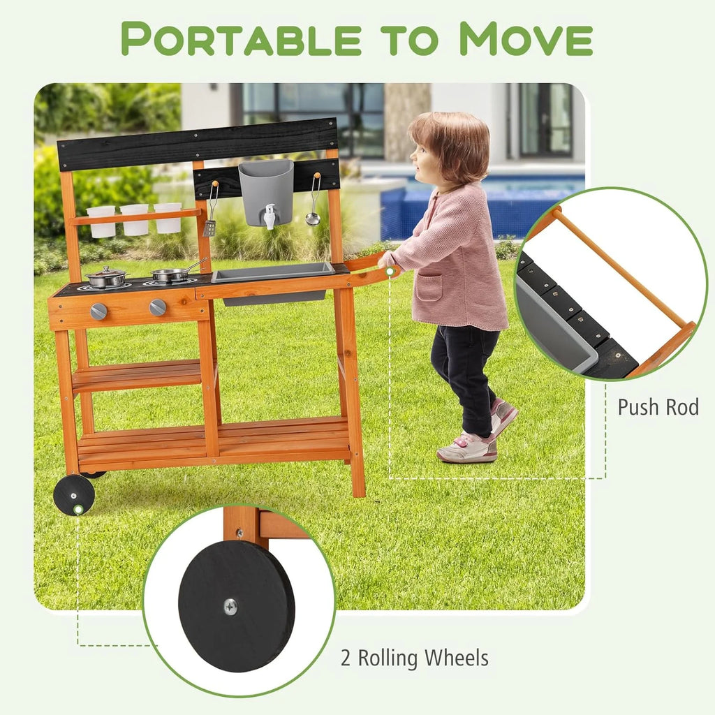 2026 OLAKIDS Mud Kitchen, Outdoor Play Kitchen with Wheels 3 Cups Removable Sink Cooking Accessories Wooden Kids Kitchen Playset Backyard Garden Toys Gift for Boys Girls Ages 3+