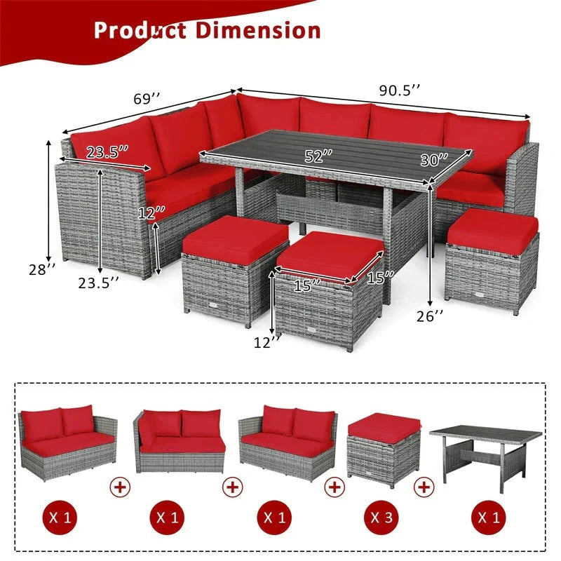 2026 7 Pcs Rattan Patio Dining Furniture Sectional Sofa Set with Dining Table, Ottomans & Cushions