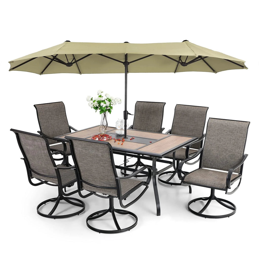2026 8-piece patio dining set with parasol, garden furniture set with 6 swivel dining chairs with mesh covers