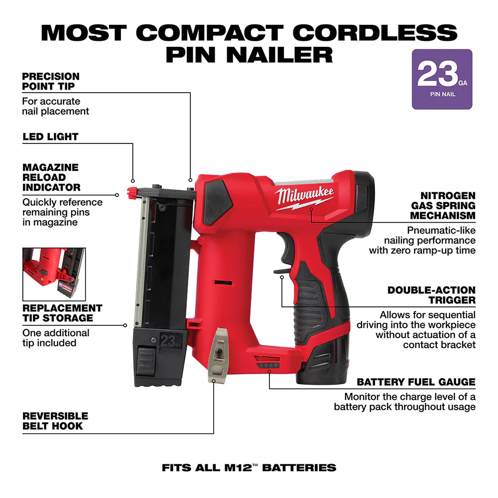 2026 Milwaukee 2540-21 M12 12V 23 Gauge Lightweight Compact Cordless Pin Nailer Kit