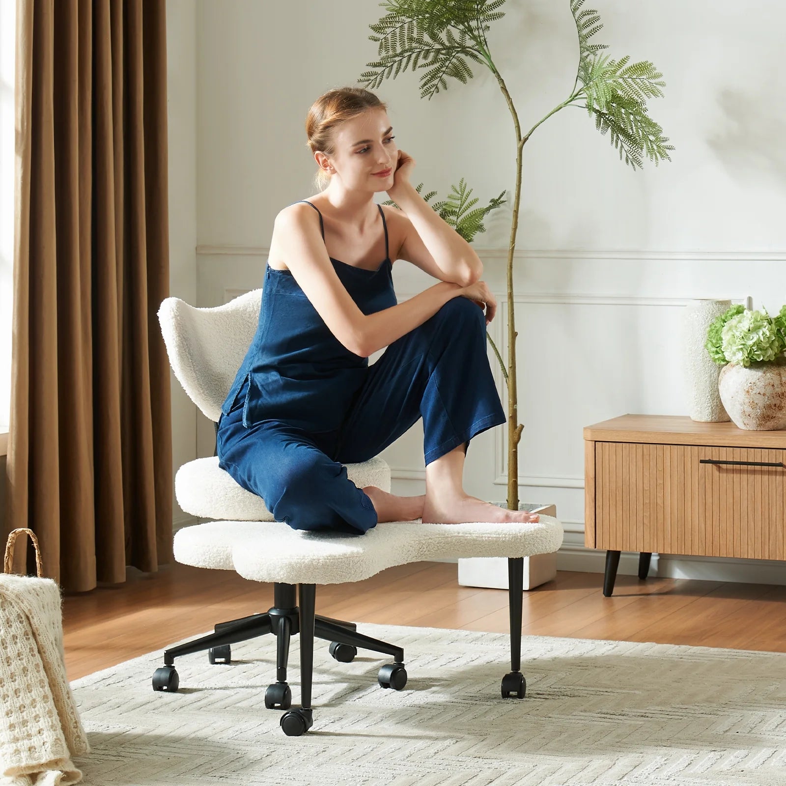 2026 Pinmoco Ergonomic Cross Legged Swivel Chair, Adjustable Height and Teddy Fabric, Meditation& ADHD Chair with Back Support, Home and Office, Off White