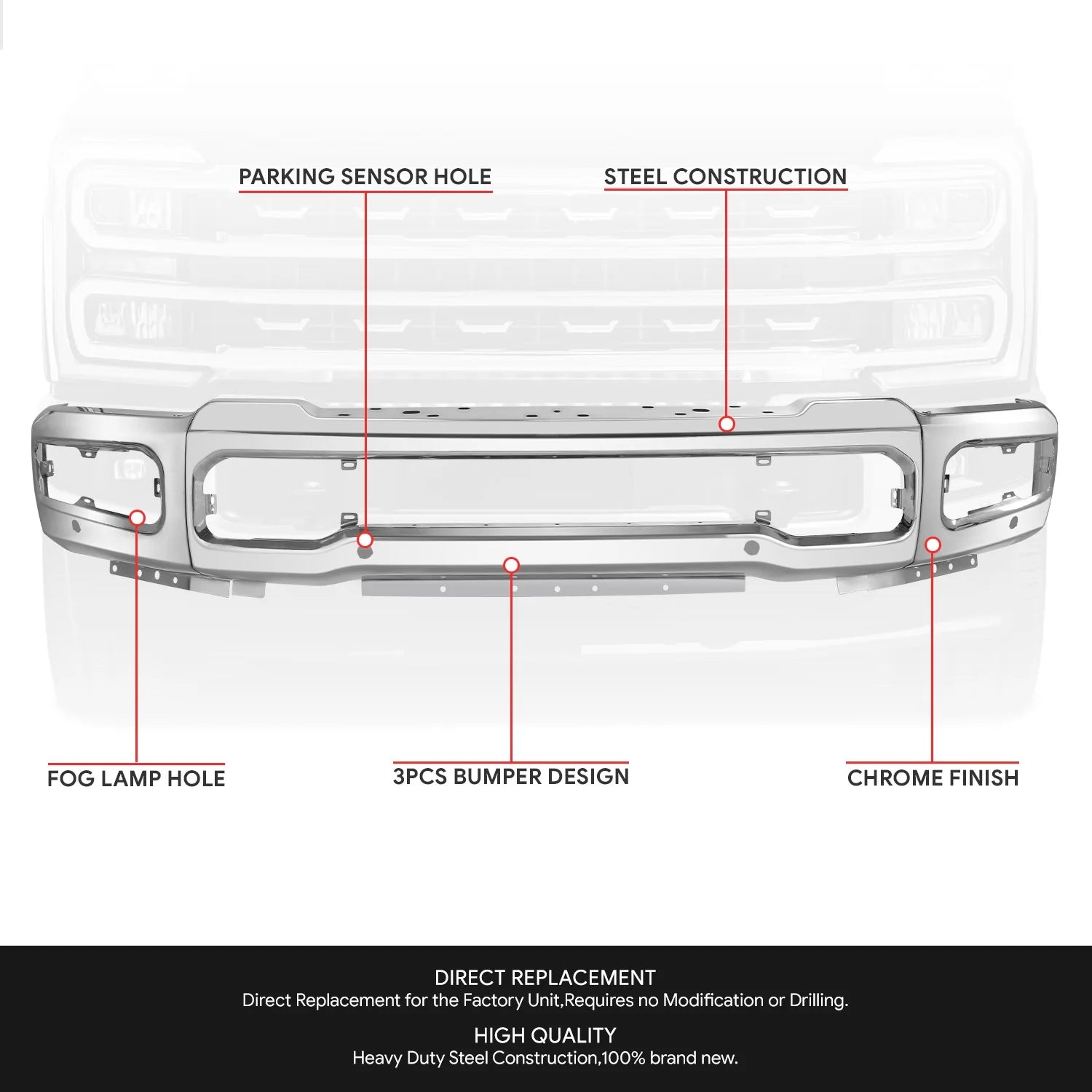 Modular Style Front Bumper w/ Parking Sensor Holes 23-25 Ford F-250 F350 Super Duty