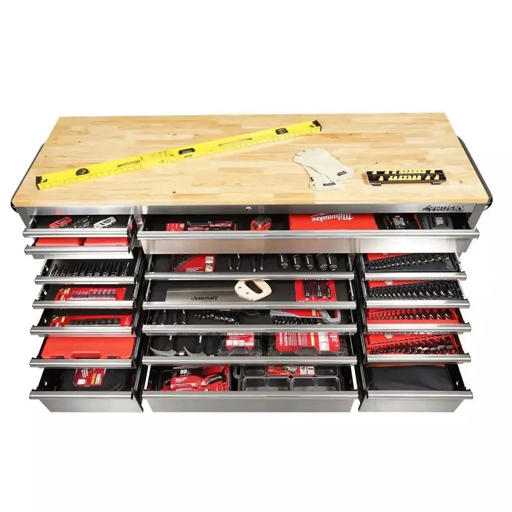 2026 72 in. 18-Drawer 24 in. D Mobile Workbench with Solid Wood Top Stainless Steel