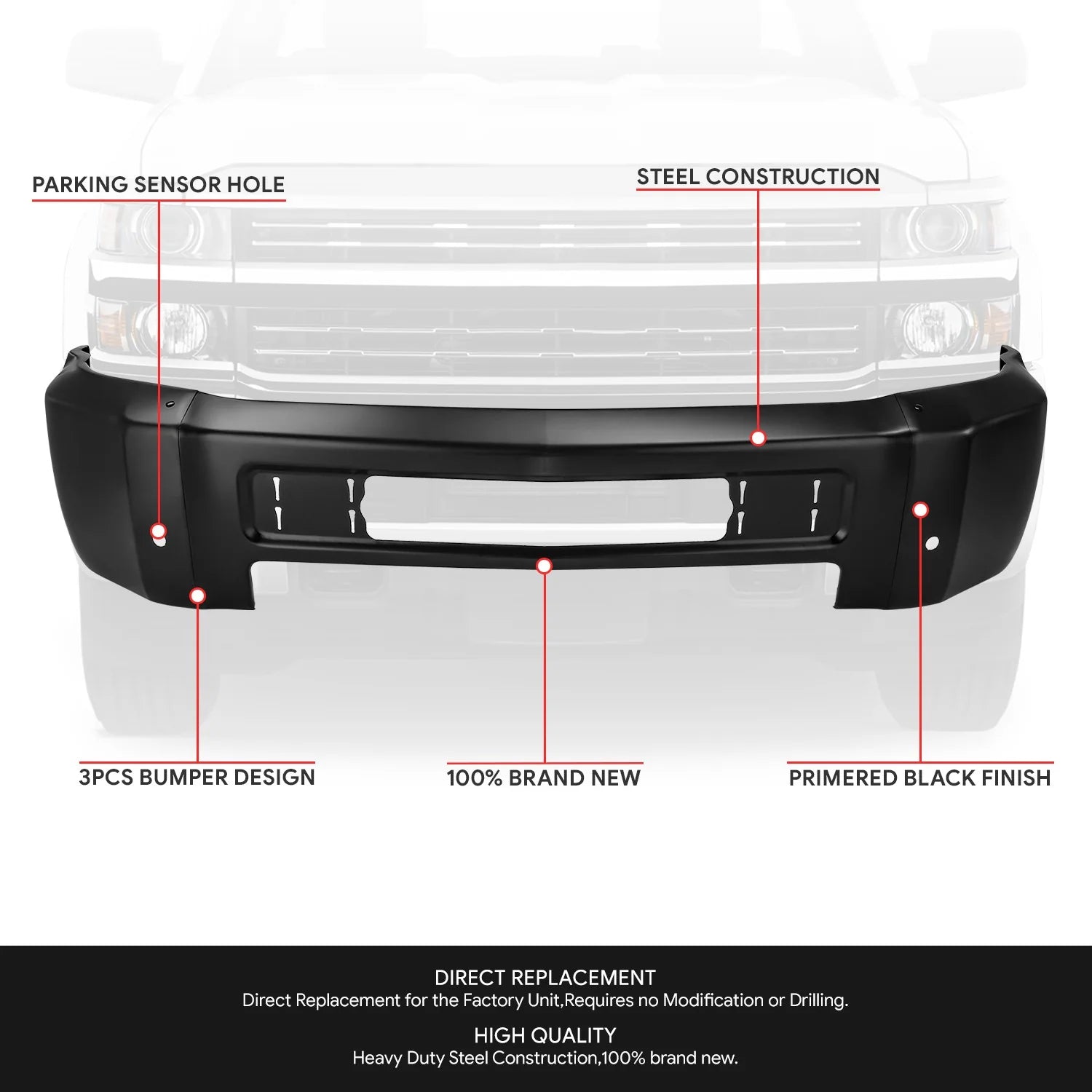 Modular Style Front Bumper w/ Parking Sensor Holes15-19 Chevy Silverado 2500 3500 HD