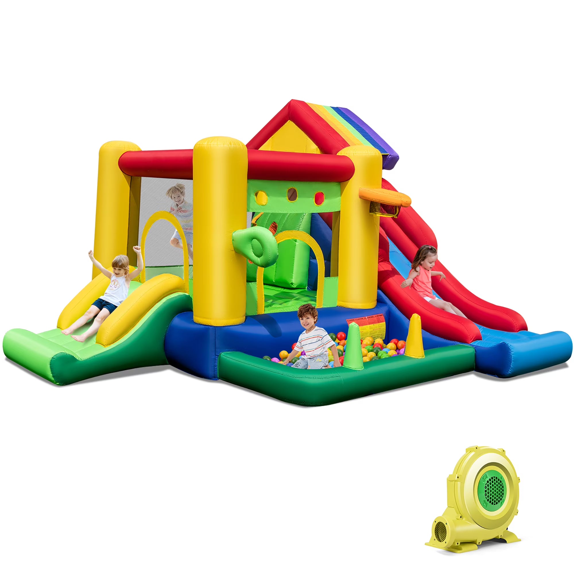 2026 Costway Colorful Rainbow Kids Inflatable Bounce Castle with 50 Ocean Balls & 735W Blower