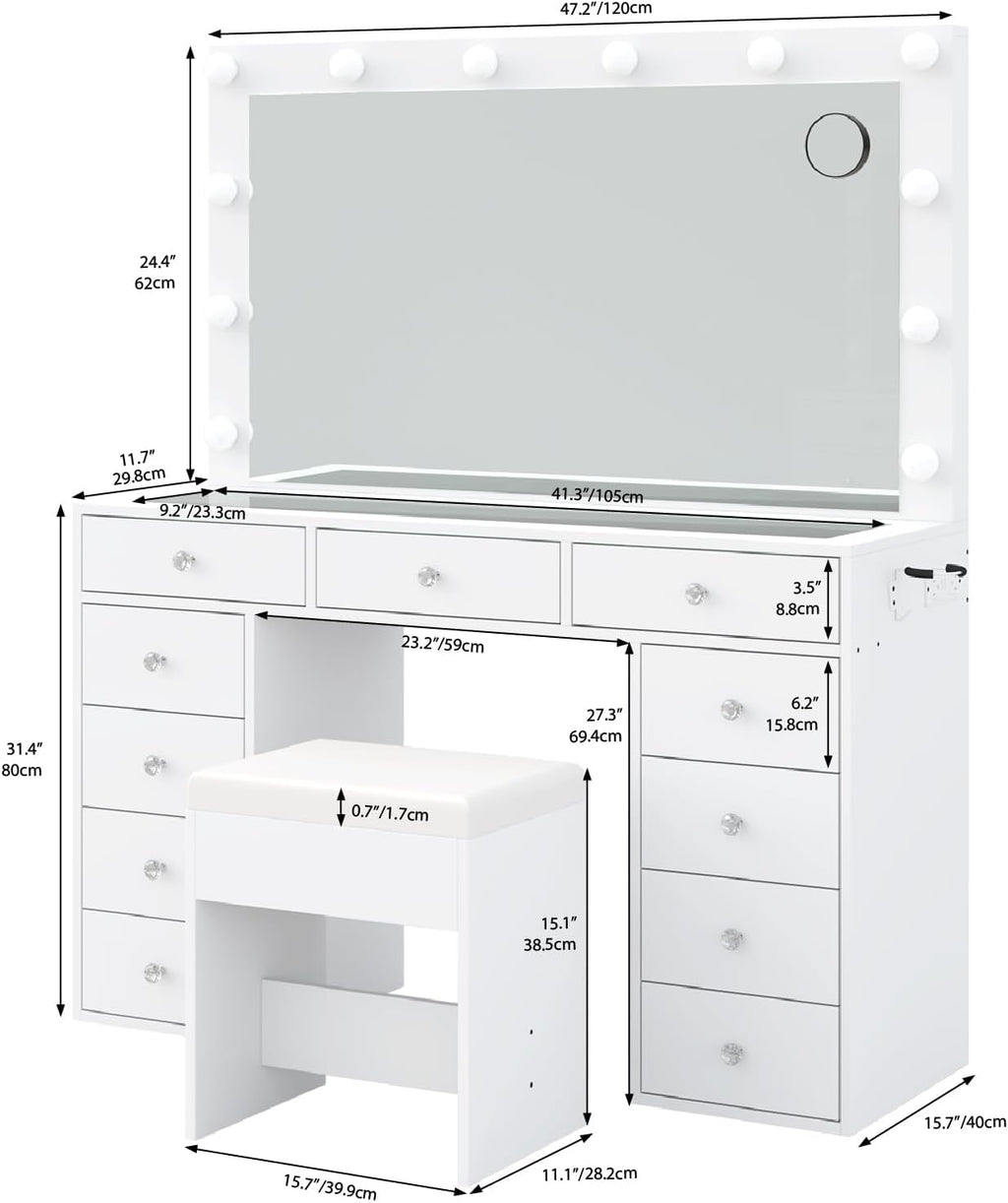 2026 New YANOSAKU Vanity Desk with Mirror, LED Lights & 11 Drawers
