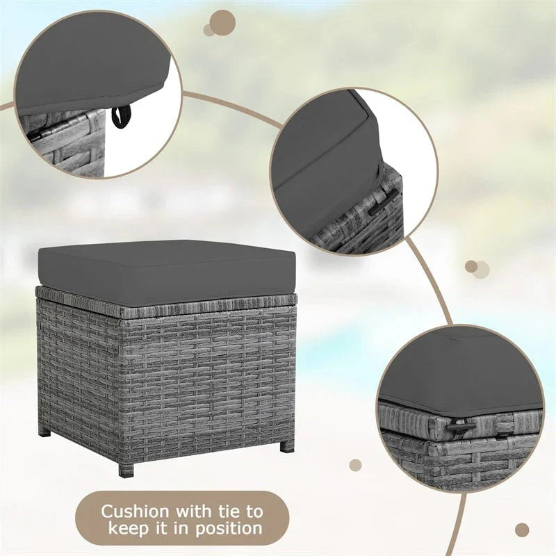 2026 7 Pcs Rattan Patio Dining Furniture Sectional Sofa Set with Dining Table, Ottomans & Cushions