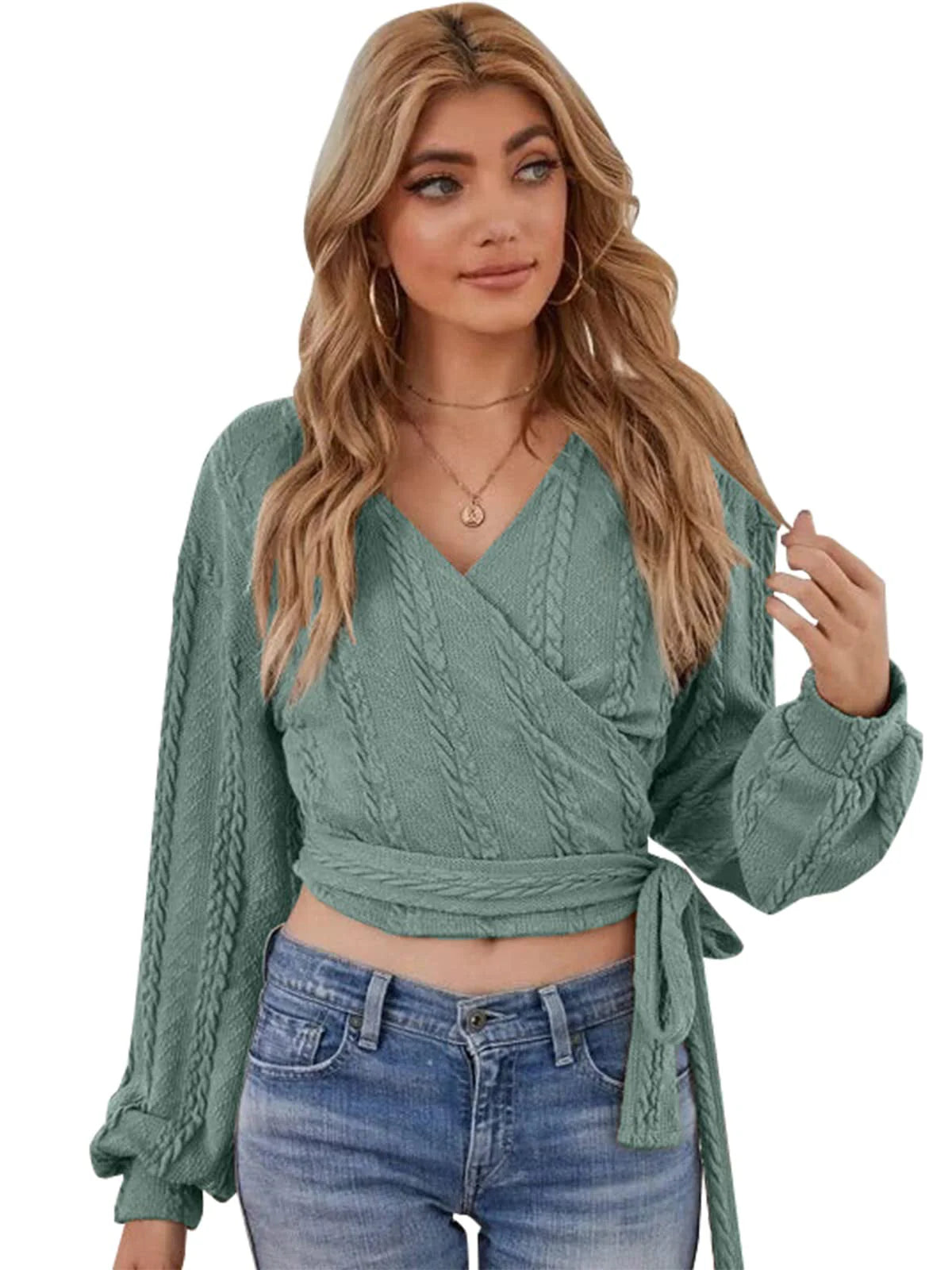 2026 Ribbed Knit Drawstring V-Neck Top