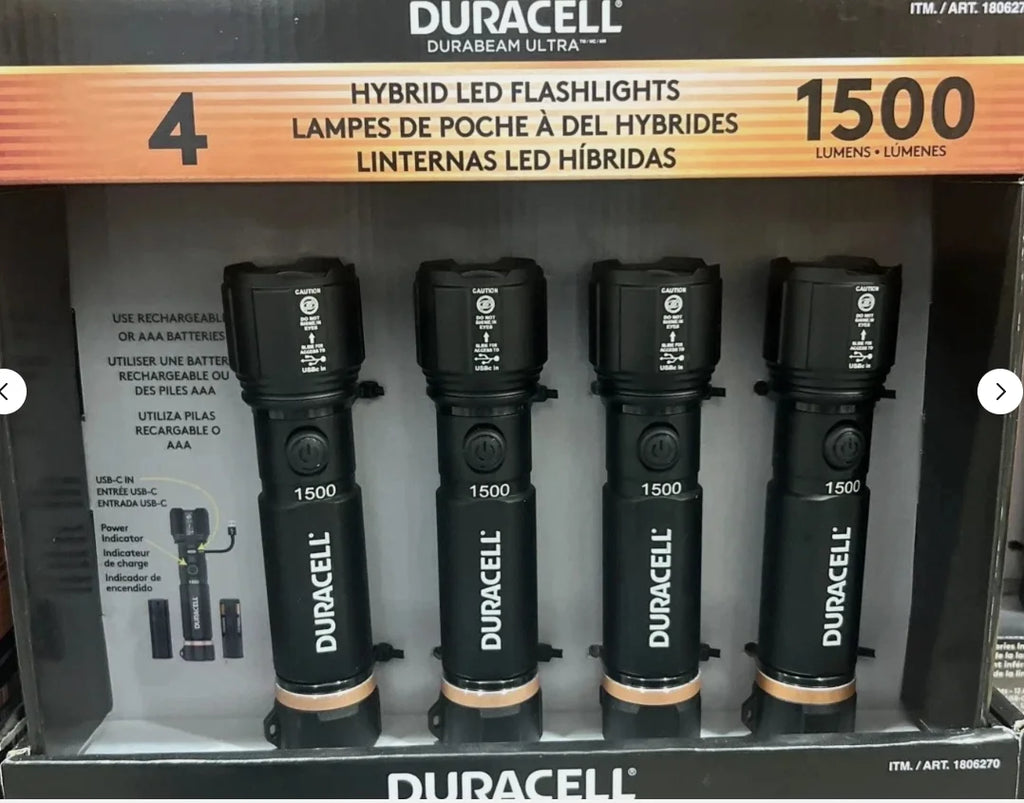 2026 Duracell Hybrid Flashlight, 1500 Lumens, 4-count