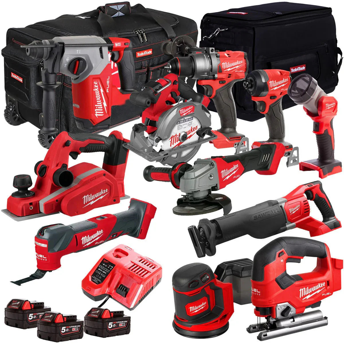 2026 Milwaukee 18V Cordless Tool Set, 11-piece, with 3 x 5.0Ah batteries and charger in bag T4TM-9