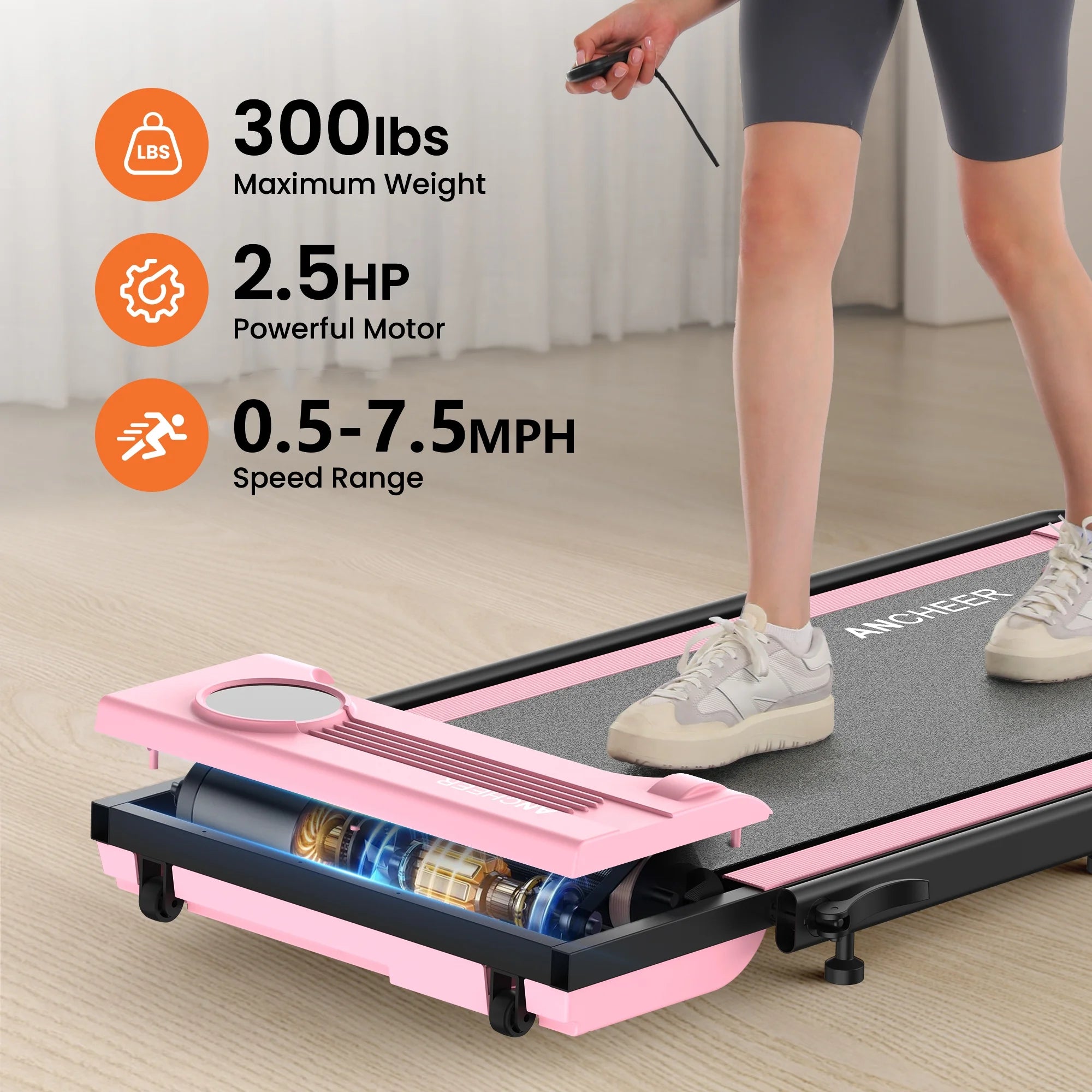 2026 ANCHEER Portable Folding Walking Pad 300lb, 7.5 MPH Under Desk Treadmill with Remote Control & LED Display,2 in 1 Walking Pad Treadmill for Home/Office/Exercise(Pink)