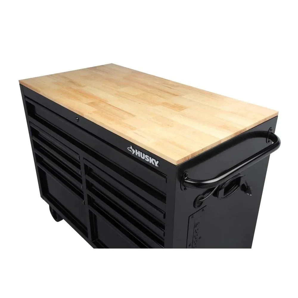 2026 Mobile workbench with 9 drawers, hardwood top and power connection, 117 cm W x 62 cm D – high-gloss black