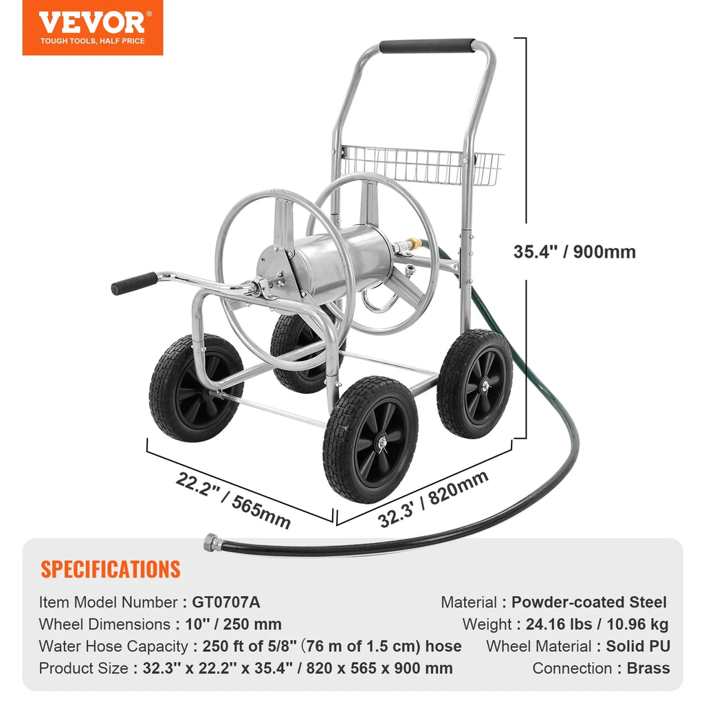 2026 VEVOR Hose Reel Cart, Hold Up to 250 ft of 5/8???? Hose, Garden Water Hose Carts Mobile Tools with 4 Wheels, Heavy Duty Powder-coated Steel Outdoor Planting with Storage Basket, for Garden, Yard, Lawn