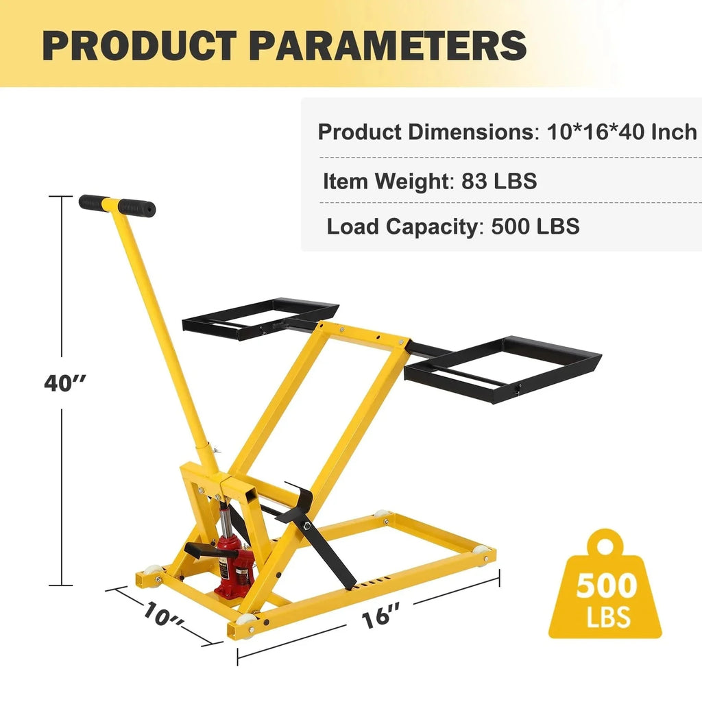 2026 Lawn mower lift with hydraulic jack, 66 cm (26 inch) lifting height, welded steel construction, lifting capacity 227 kg (500 lbs), for ride-on lawn mowers, tractors and ATVs