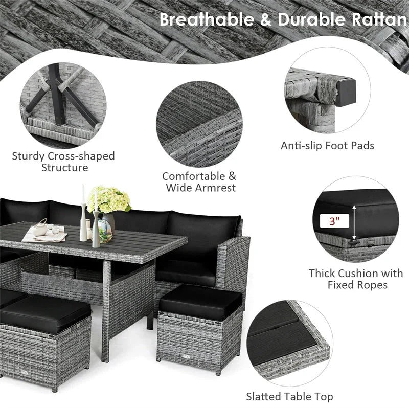 2026 7 Pcs Rattan Patio Dining Furniture Sectional Sofa Set with Dining Table, Ottomans & Cushions