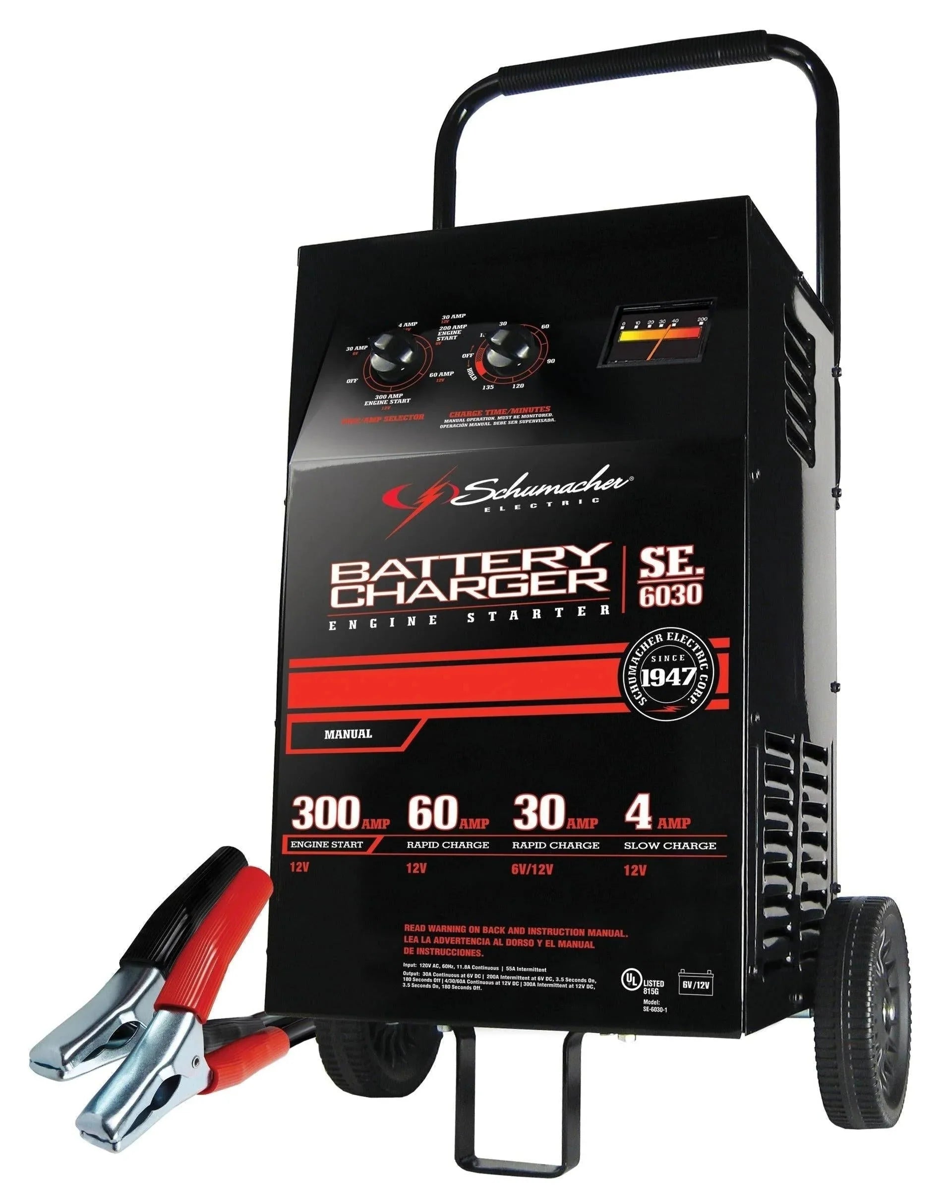 2026 Schumacher Electric, portable battery charger and engine starter, SC1446, 2-in-1, manual timer, 300 cold cranking amps, 6 volts, 12 volts, for car, SUV, truck and boat batteries