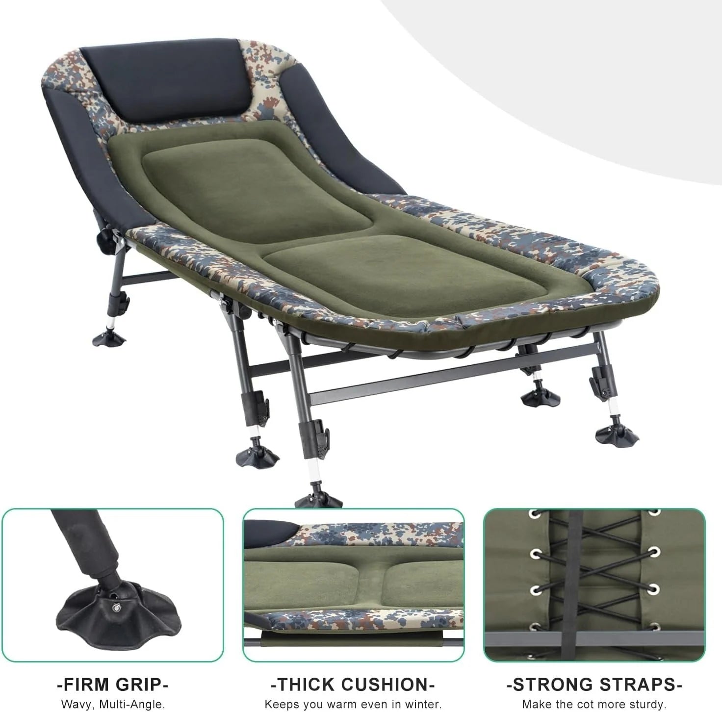 2026 Camping Cots for Adults 330Lbs with Carry Bag, Heavy Duty Folding Bed with Soft Padded Cushion, Portable Military Cot for Hunting, 180° Adjustable Reclining Outdoor Lounger