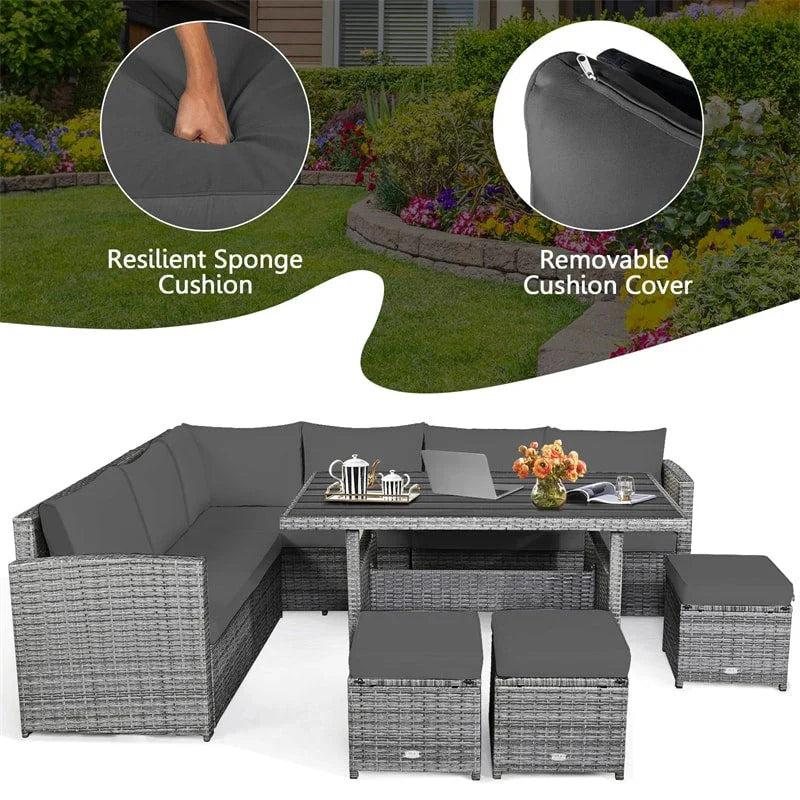 2026 7 Pcs Rattan Patio Dining Furniture Sectional Sofa Set with Dining Table, Ottomans & Cushions