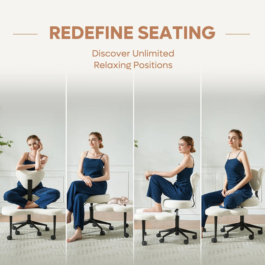 2026 Pinmoco Ergonomic Cross Legged Swivel Chair, Adjustable Height and Teddy Fabric, Meditation& ADHD Chair with Back Support, Home and Office, Off White