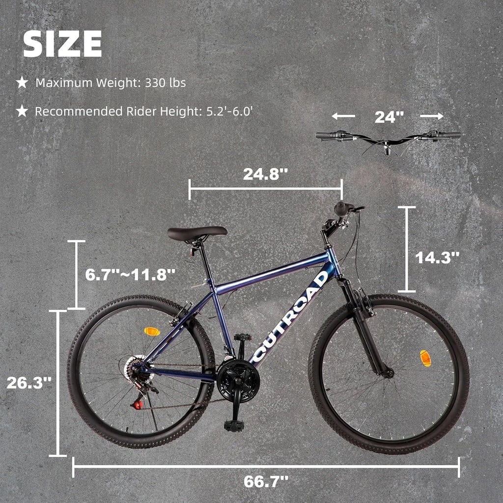 2026 Outroad 26 Inch Mountain Bike, 21-Speed/High-Carbon Steel/Aviation Grade Frame, Dual Disc/V Brake, Adjustable Ergonomic Seat Bycycle for Men Women Adult, Quick Assembly in 20 Minutes