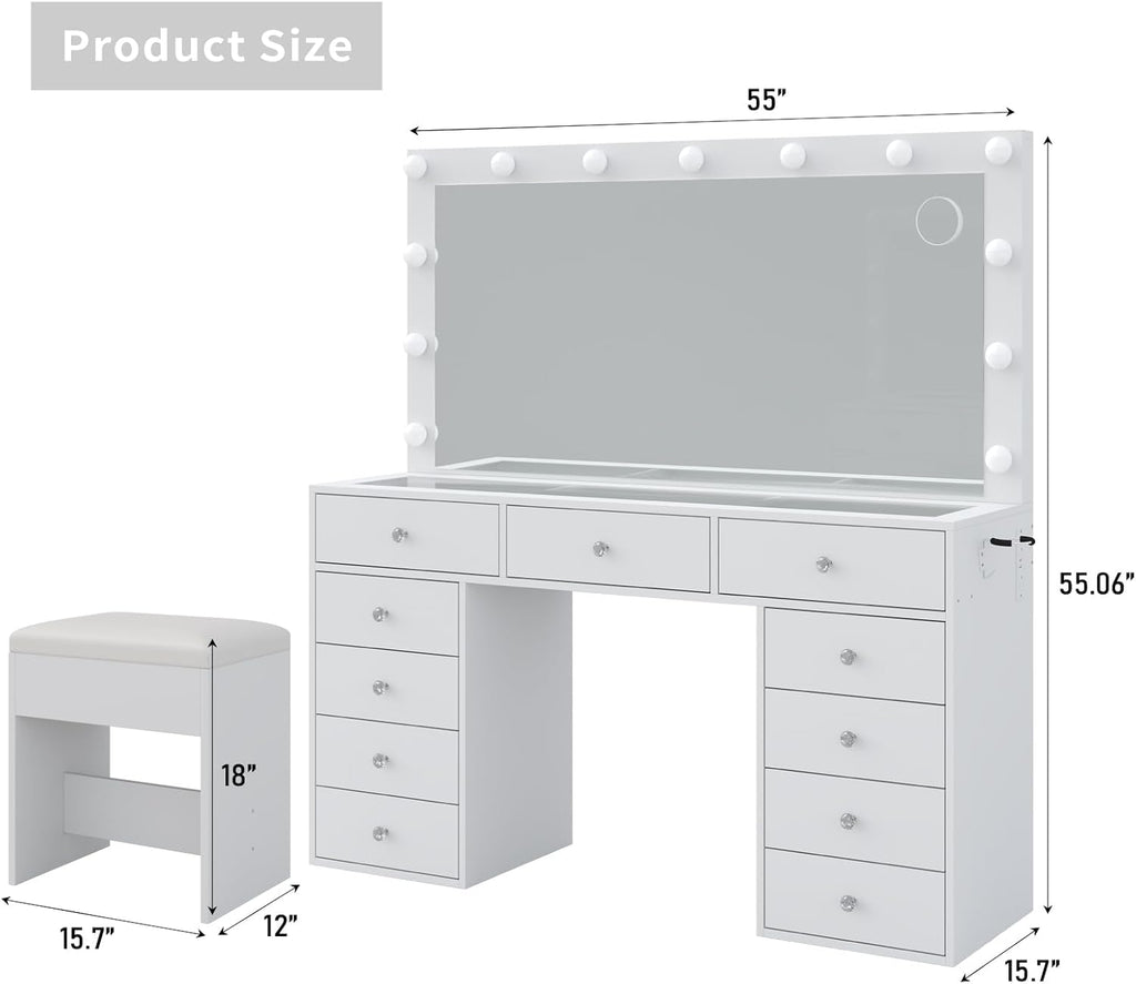 2026 New YANOSAKU Vanity Desk with Mirror, LED Lights & 11 Drawers