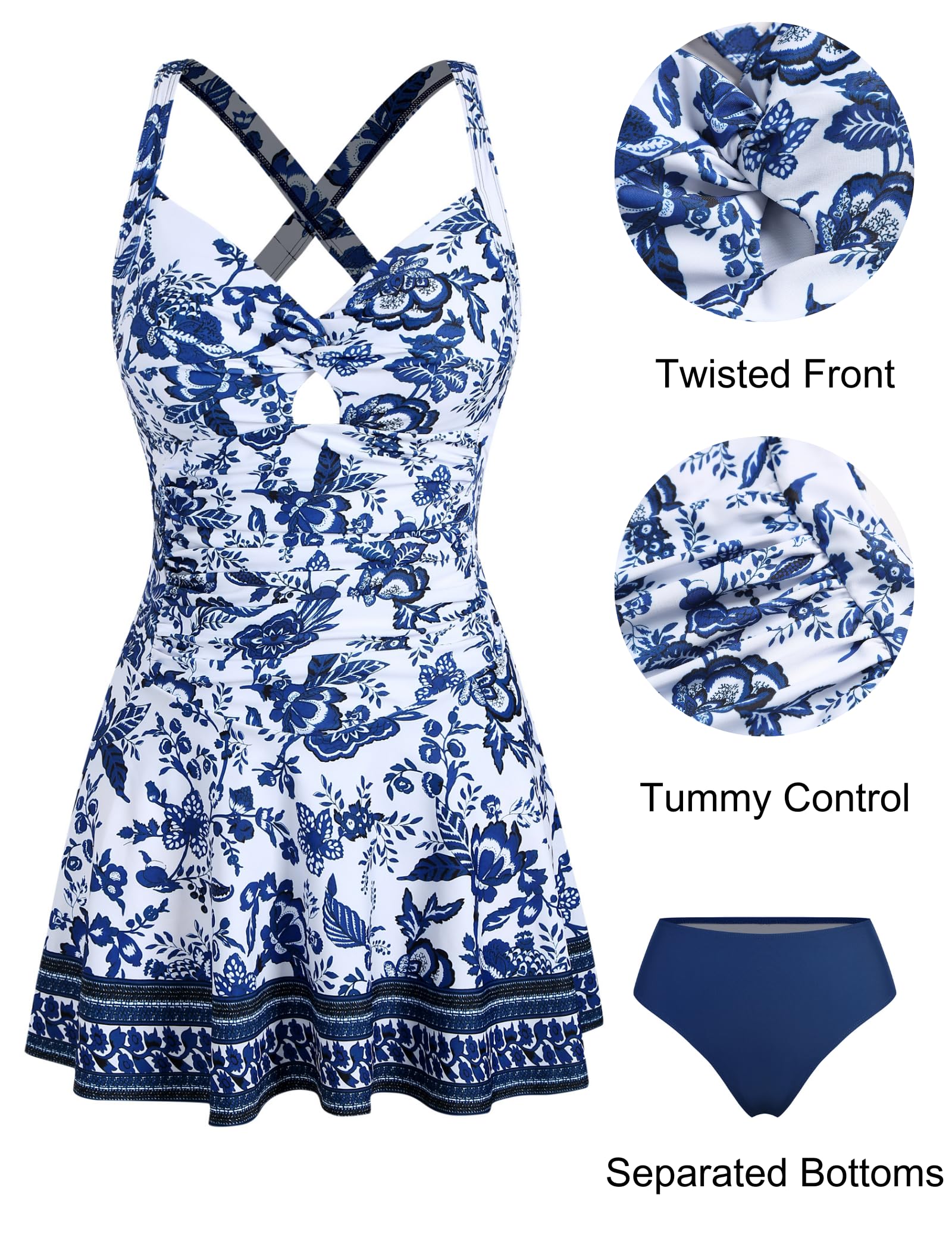 ZAFUL Women's Tankini Bathing Suits Swimsuit Tummy Control Two Piece Swim Dress Cut Out Twist with Bikini Bottoms